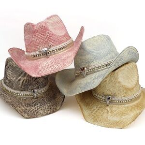 Unisex Concho Buckle Embroidered Band Accent Western Cowboy Hat